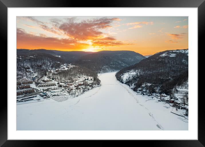 Aerial sunrise over frozen Cheat Lake Morgantown, WV Framed Mounted Print by Steve Heap
