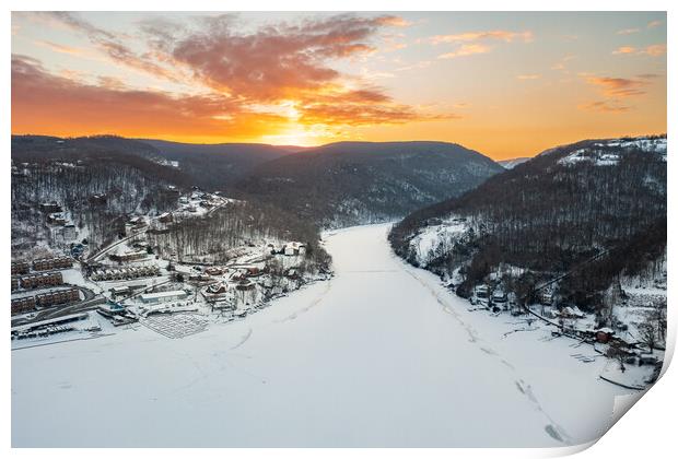 Aerial sunrise over frozen Cheat Lake Morgantown, WV Print by Steve Heap
