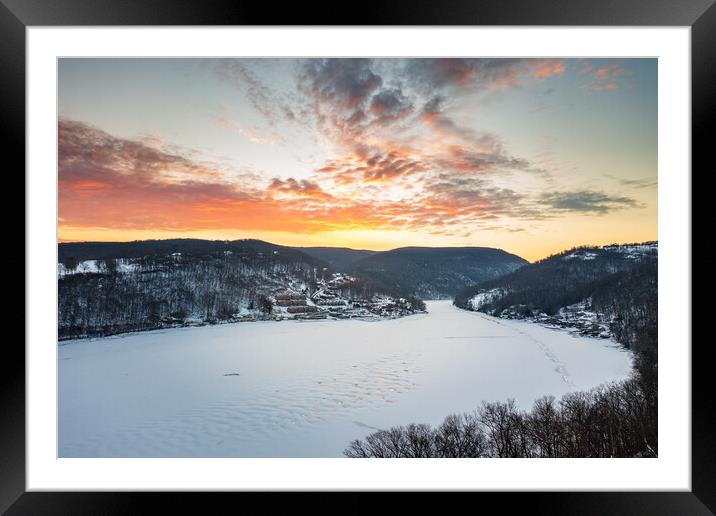 Aerial sunrise over frozen Cheat Lake Morgantown, WV Framed Mounted Print by Steve Heap