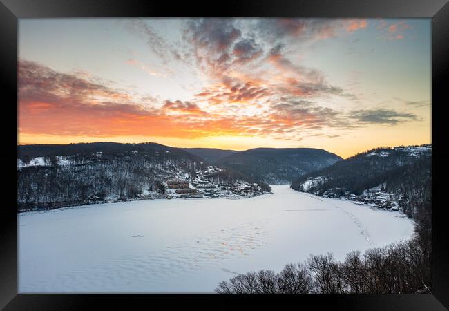 Aerial sunrise over frozen Cheat Lake Morgantown, WV Framed Print by Steve Heap