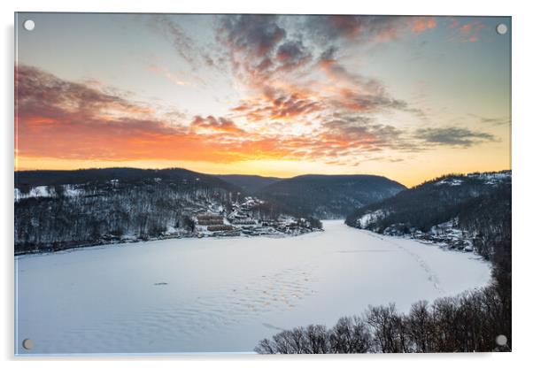 Aerial sunrise over frozen Cheat Lake Morgantown, WV Acrylic by Steve Heap