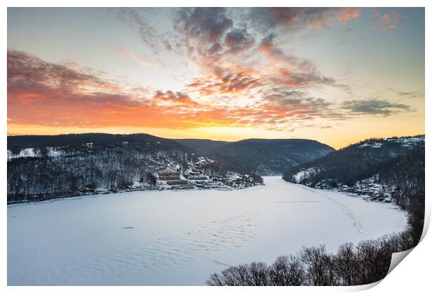 Aerial sunrise over frozen Cheat Lake Morgantown, WV Print by Steve Heap