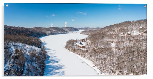 Aerial view down the frozen Cheat River in Morgantown, WV Acrylic by Steve Heap