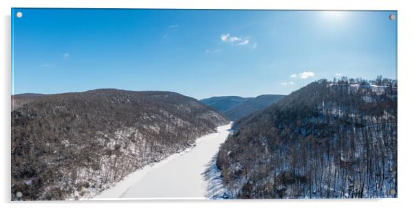 Aerial view up the frozen Cheat River in Morgantown, WV Acrylic by Steve Heap