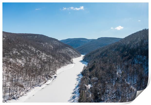Aerial view up the frozen Cheat River in Morgantown, WV Print by Steve Heap