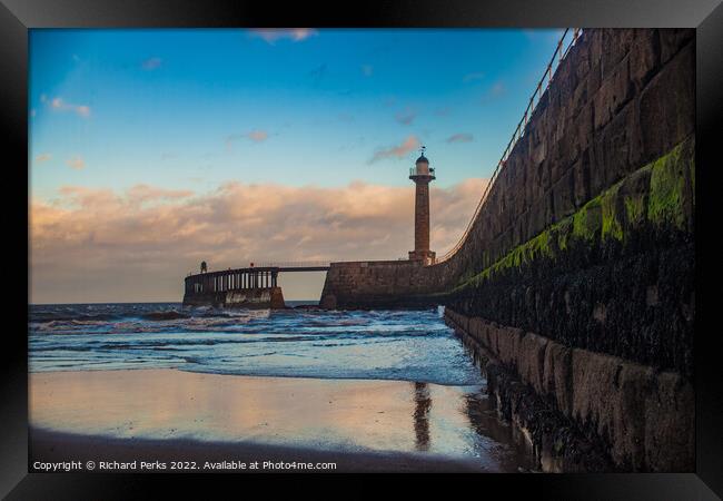 Whitby Pier reflections Framed Print by Richard Perks
