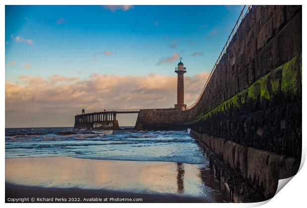 Whitby Pier reflections Print by Richard Perks