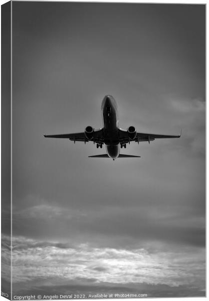 Airplane Approaching Airport in Monochrome Canvas Print by Angelo DeVal