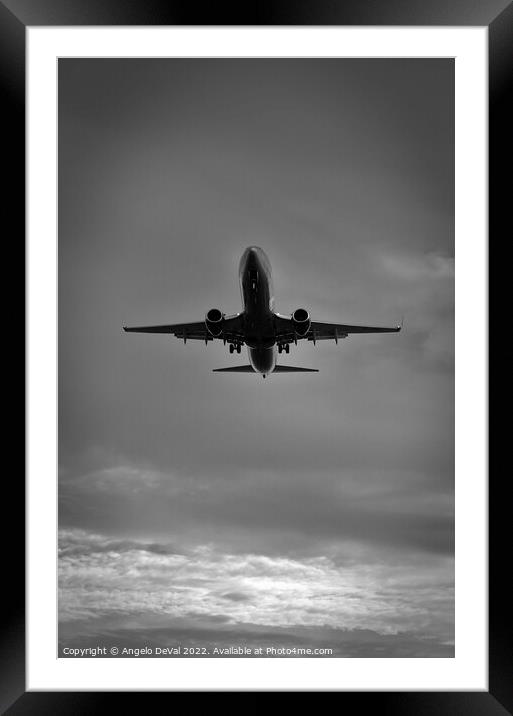 Airplane Approaching Airport in Monochrome Framed Mounted Print by Angelo DeVal