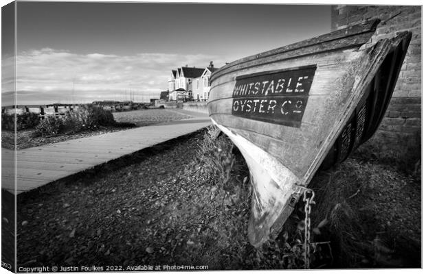 Whitstable Oyster Company boat on the seafront at  Canvas Print by Justin Foulkes