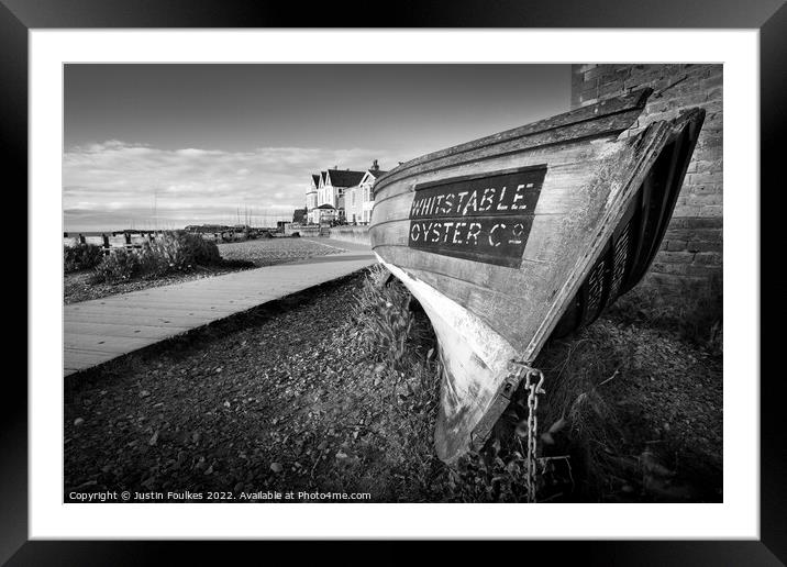 Whitstable Oyster Company boat on the seafront at  Framed Mounted Print by Justin Foulkes