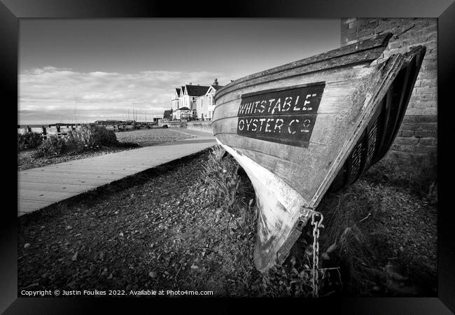 Whitstable Oyster Company boat on the seafront at  Framed Print by Justin Foulkes