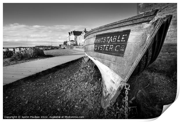 Whitstable Oyster Company boat on the seafront at  Print by Justin Foulkes