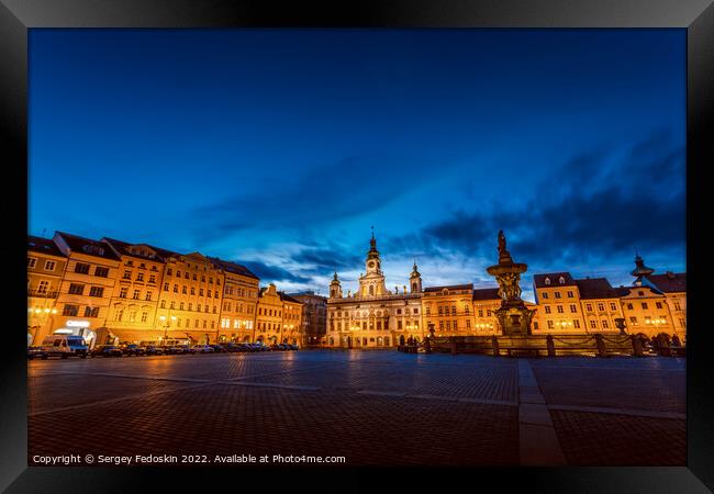 Historic center of Ceske Budejovice at night, Czechia Framed Print by Sergey Fedoskin