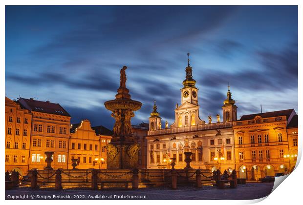 Historic center of Ceske Budejovice at night, Czechia Print by Sergey Fedoskin