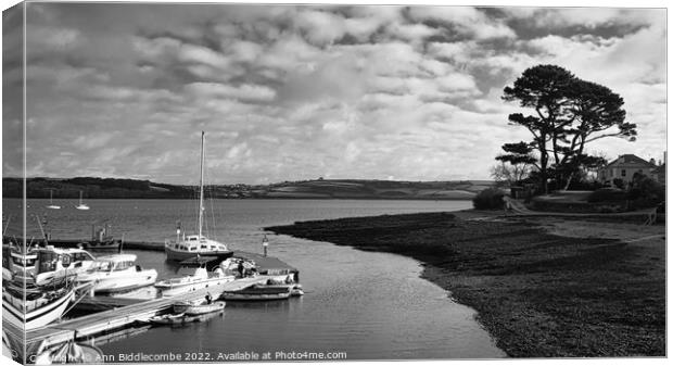 Monochrome Looking out from Mylor Harbour down the Fal Estuary Canvas Print by Ann Biddlecombe