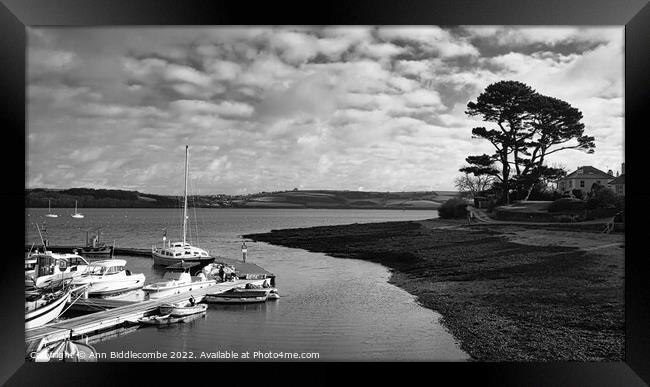 Monochrome Looking out from Mylor Harbour down the Fal Estuary Framed Print by Ann Biddlecombe