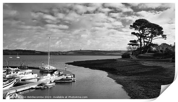 Monochrome Looking out from Mylor Harbour down the Fal Estuary Print by Ann Biddlecombe