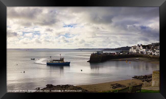 St Mawes Ferry arriving into port Framed Print by Ann Biddlecombe