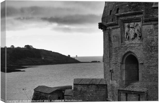 Black and white St Mawes Castle with lighthouse in distance Canvas Print by Ann Biddlecombe