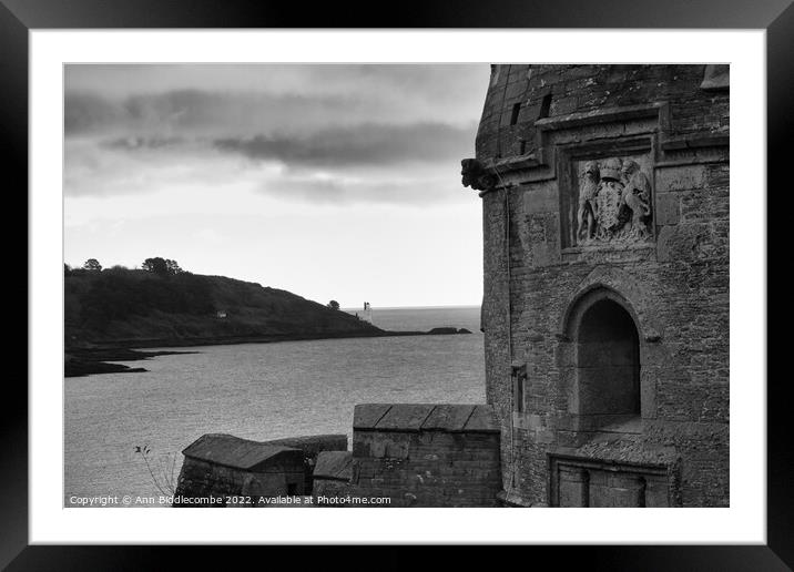 Black and white St Mawes Castle with lighthouse in distance Framed Mounted Print by Ann Biddlecombe