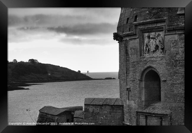 Black and white St Mawes Castle with lighthouse in distance Framed Print by Ann Biddlecombe