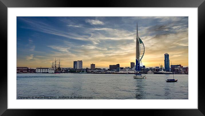 Sunrise over Portsmouth Harbour and The Spinnaker  Framed Mounted Print by Martin Day