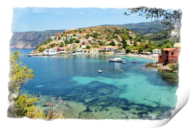 Assos village in Kefalonia. Print by David Birchall