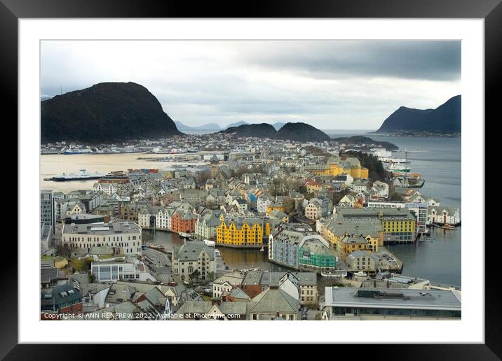 An aerial view of Alesund from Mount Aksla Framed Mounted Print by ANN RENFREW