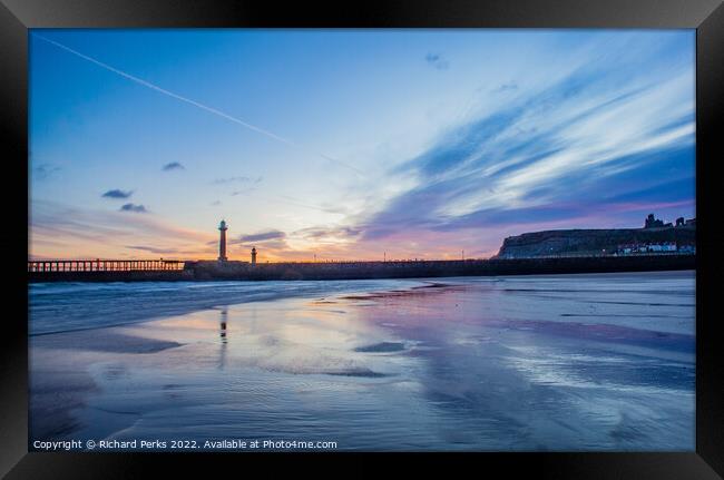 Whitby Beach Reflections Framed Print by Richard Perks
