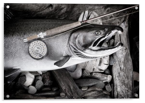 Vintage fly fishing equipment on large salmon in riverbed settin Acrylic by Thomas Baker