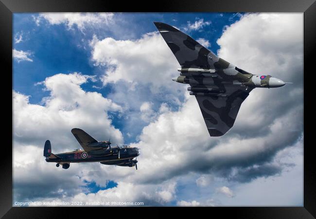 Avro Vulcan Bomber XH558 and Lancaster bomber in flight Framed Print by Kevin Hellon