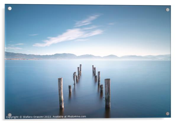 Wooden pier remains at sunrise. Massaciuccoli lake. Acrylic by Stefano Orazzini