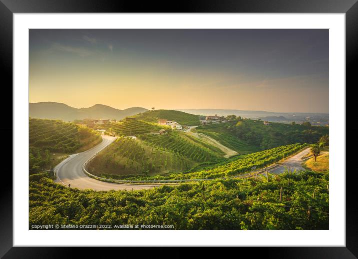 Vineyards and a road at sunrise. Prosecco Hills, Unesco Site. Framed Mounted Print by Stefano Orazzini
