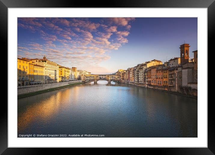 Ponte Vecchio bridge and Arno river in Florence at sunset. Framed Mounted Print by Stefano Orazzini