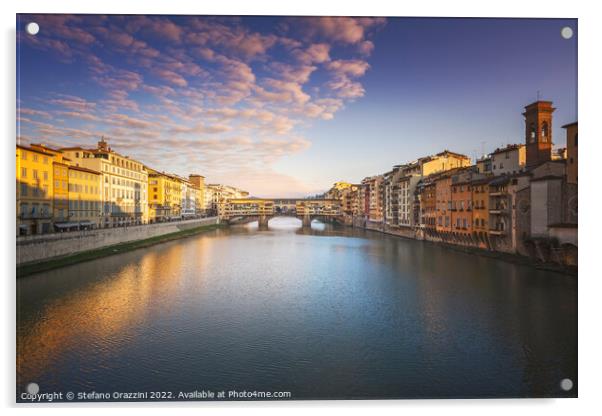 Ponte Vecchio bridge and Arno river in Florence at sunset. Acrylic by Stefano Orazzini