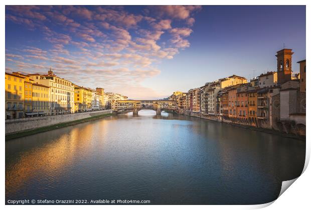 Ponte Vecchio bridge and Arno river in Florence at sunset. Print by Stefano Orazzini