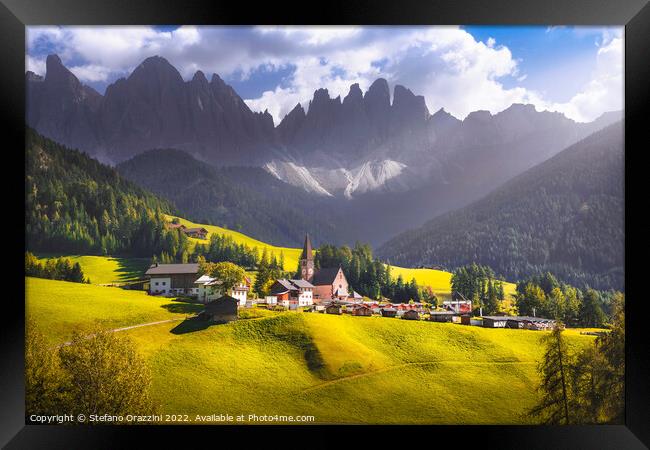 Dolomites Alps, Santa Magdalena village and Odle mountains Framed Print by Stefano Orazzini