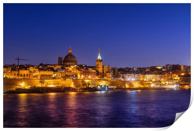 Valletta City Skyline At Night In Malta Print by Artur Bogacki