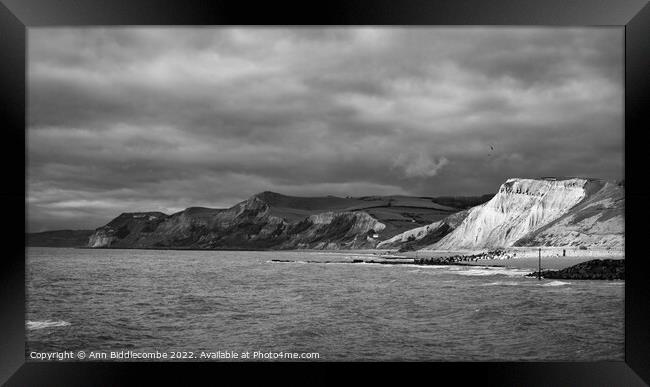 monochrome West bay Jurassic coast  Framed Print by Ann Biddlecombe