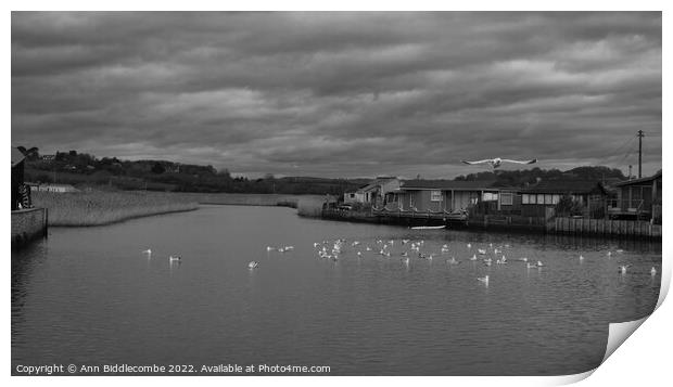 monochrome Seagulls on the River Brit Print by Ann Biddlecombe