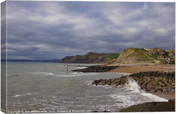 West bay Jurassic coast in windy weather Canvas Print by Ann Biddlecombe