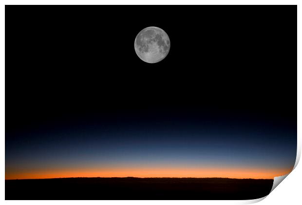 Near full moon against a sunrise from an aircraft Print by Gordon Dixon