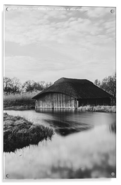 Hickling Broad boat house in monochrome Acrylic by Christopher Keeley