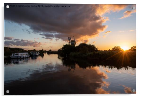 Sunset at Norfolk Broads windmill Acrylic by Christopher Keeley