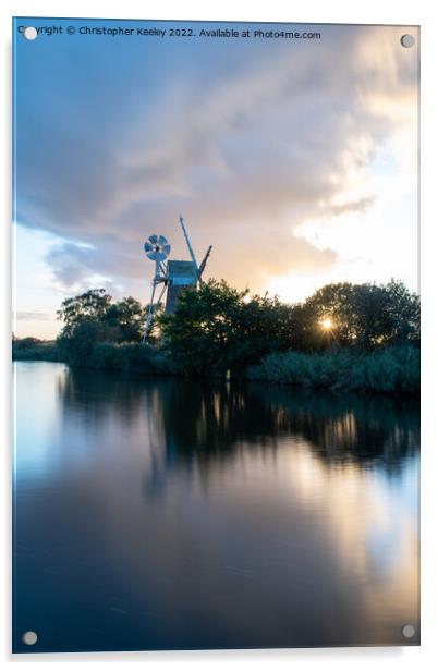 Sunset at Turf Fen windpump Acrylic by Christopher Keeley
