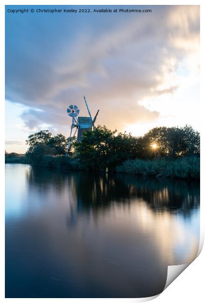 Sunset at Turf Fen windpump Print by Christopher Keeley