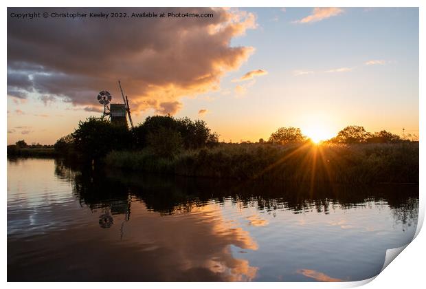 Turf Fen windmill sunset Print by Christopher Keeley