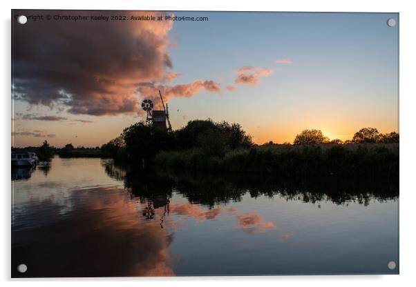 Norfolk Broads windmill sunset Acrylic by Christopher Keeley