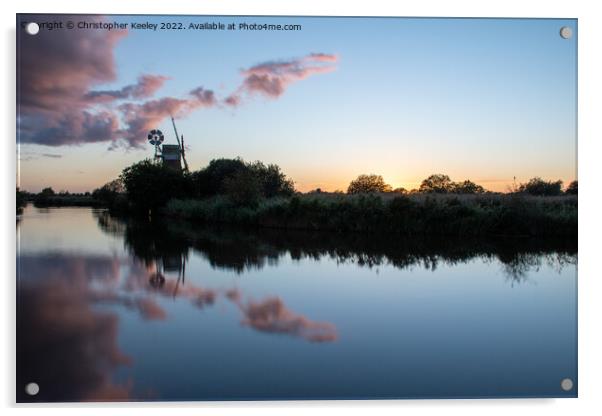 Sunset reflections at Turf Fen windpump Acrylic by Christopher Keeley